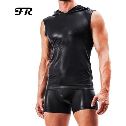 FR Mens Faux Leather Hoodies Tank Tops,Mens Casual V-Neck Fashion Vest,Mens Sexy Tank Tops
