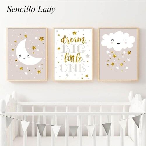 Dream Big Nursery Canvas Art Painting Moon Cloud Wall Poster Minimalist Print Nordic Kid Baby Girl Bedroom Decoration Picture