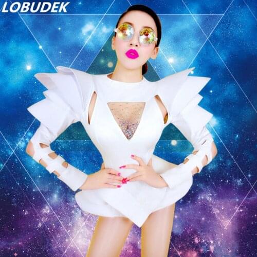 White Bodysuit Jazz Dance Costumes Bar Dj Dancers Rhinestone Jumpsuit performance sexy party singer nightclub Stage show
