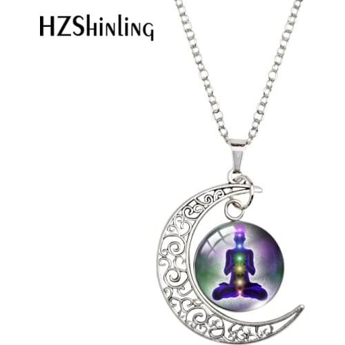 Meditation Yoga Exercise Pattern Moon Pendants Moon Necklace Glass Cabochon Dome Handmade Craft Women Gifts