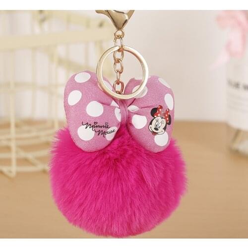 New Disney 23 Color Minnie Key Chain Cartoon Polka Dot Bow Pom-Pom Key Ring Pendant Car Bag Ornament Fashion Parts Toy