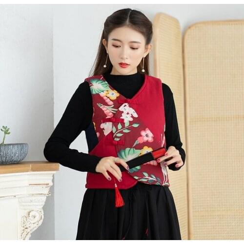 Chinese Style Clothing Women Hanfu Tang Suit Vintage Waistcoat Print Cotton Linen Blouses 2021 Winter Ladies Chinese Tops TA2349