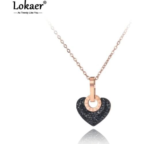 Lokaer Trendy Stainless Steel White/Black Clay Rhinestone Heart Necklace Jewelry Lovely Pendant Chain Necklace For Women N19112