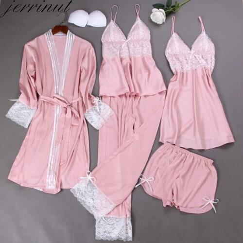 Jerrinut 5PCS Pajamas Set Sexy Lace Silk Stain Pyjama Femme Sleepwear Pijama Nighties Home Wear With Chest Pads Nightwear