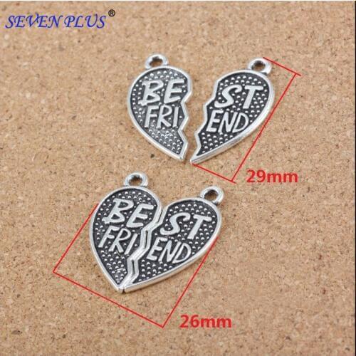 High Quality 5 SET/Lot 26mm*29mm Antique Silver Plated Best Friend Heart Charms 2 PCS/Set