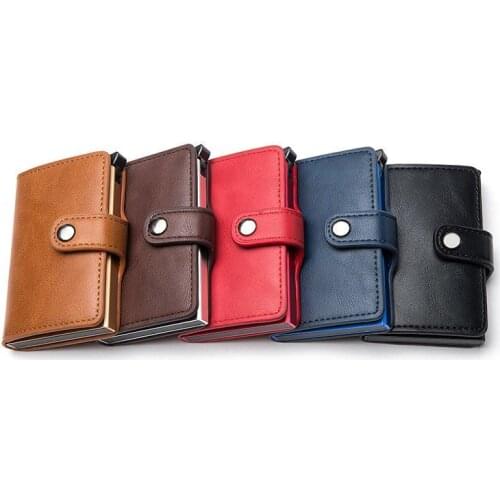 Casual Credit Card Holder Hasp Smart ID Card Case Metal RFID Aluminum Box Slim Men And Women ID Holder PU Leather