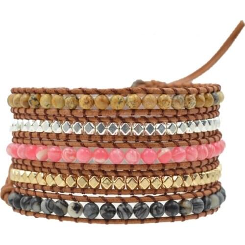 Natural Picture Stone Map Stone Wrap Bracelets Steel Gold Color Copper Beads Boho Bracelet Women Jewelry Stainless Steel Button