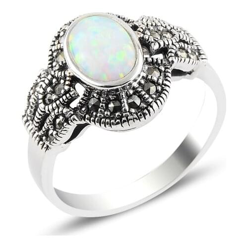 Silver 925 Sterling Opal & Marcasite Ring