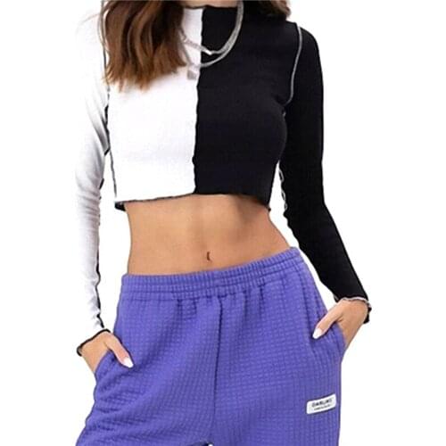 Fashion Trend Womens Color Block Crop Tops Casual Long Sleeve Round Neck Two Tone Slim Fit Tee Spring Skinny T-shirts