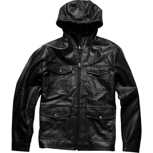 European Style Cowhide Hooded Trench Coat For Big and Tall Men Winter Casual Mans Jacket Genuine Leather Coat Outfit Windbreaker