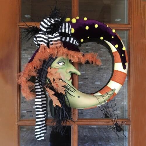 Witch Moon Wreath Halloween Wreath Halloween Christmas Party Pendant Door Hanger Burlaps Jack-o-Lantern Wreath Home Decor 40cm