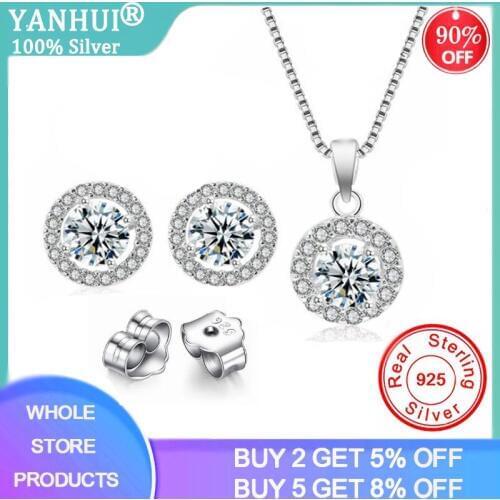 YANHUI Hypoallergenic Sterling Silver 925 Jewelry Sets for Women Round Zirconia Diamond Necklace/Earrings Bride Jewelry Sets