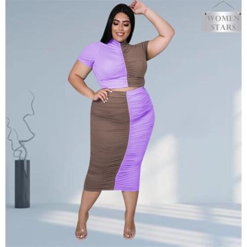 Plus Size Women Clothing 5xl Two Piece Set Skirts Suits Patchwork Crop Top and Maxi Skirt Casual Outfits Wholesale Dropshipping
