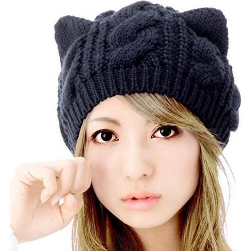 Cat ears women hat solid knitted Winter hats wool beanies caps crochet trendy bonnet cute womens cap gorros mujer invierno