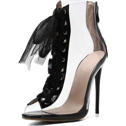 2020 New Summer PVC Transparent Womens Boots Plus size46 Fashion Peep Toe Lace-up Super High Heel Ankle Boots Sexy Ladies Shoes