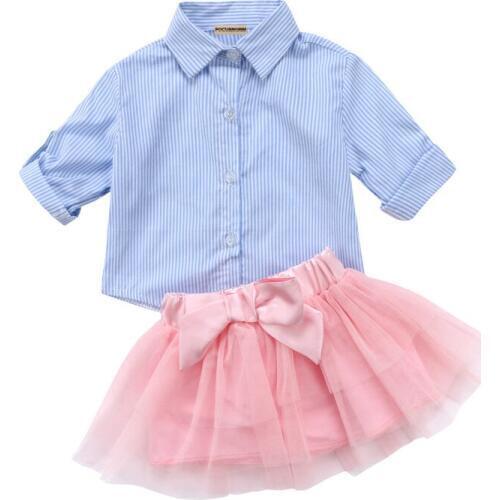 2Pcs Toddler Kids Baby Girls Striped Cotton Blouse Shirts Top Lace Tutu Tulle Skirts Princess Outfit Set Clothing Sets 0-5Y