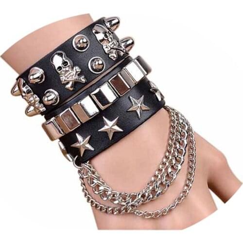 2Pcs/Set PU Leather Bracelet For Women And Men Skeleton Star Chain Pendant Bangle Punk Rock Hiphop Nightclub metal Wristband
