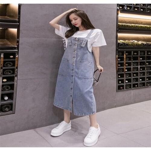 2021 New Korean Fashion Denim Sundress 5XL Plus Size Jeans Dress Women Button Pockets Suspenders Dresses Female Overalls A59
