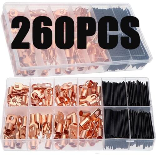 260PCS Boxed Car Auto Copper Bare Ring Terminals lug Tinned Copper Tube Lug Seal Battery Terminals Soldered Connectors Kits