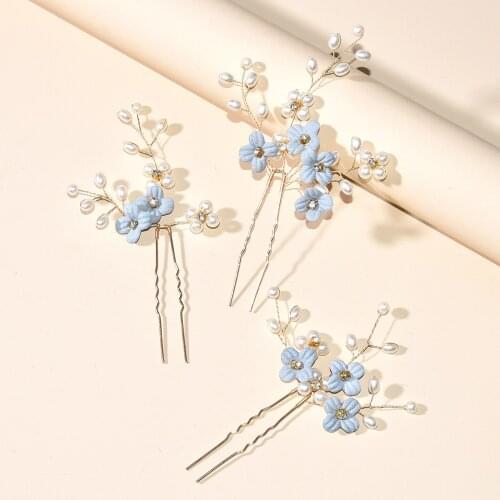 3pcs Blue Flower U Shaped Hair Pins Pearl Elegant Headwear for Wedding Bridal Women Hair Jewelry Accessories TT@88