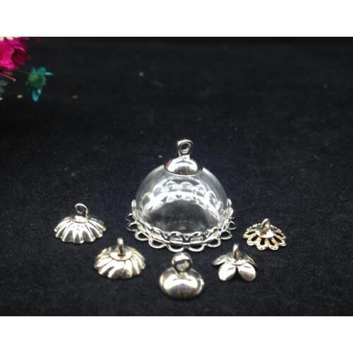 50sets/lot 20mm half round glass cover vial pendants silver plated double lace edge tray charm diy jewelry findings diy necklace