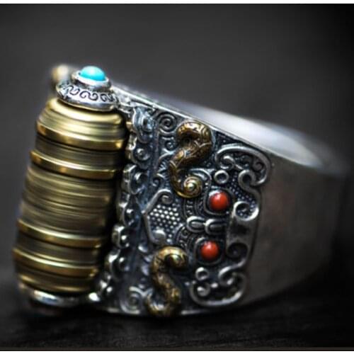 925 Sterling Silver Tibetan Jewelry Resizable Size Mantra Rotatable Ring For Men Treatment Fidget Spinner Fathers Day Rings