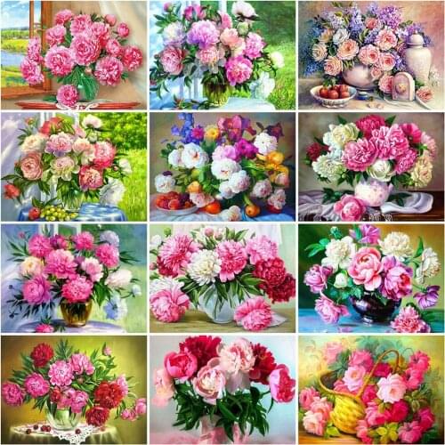 Huacan Diamond Embroidery Kit Peony 5D Diamond Mosaic Art Painting Vase Flower Rhinestone Pictures Home Decor