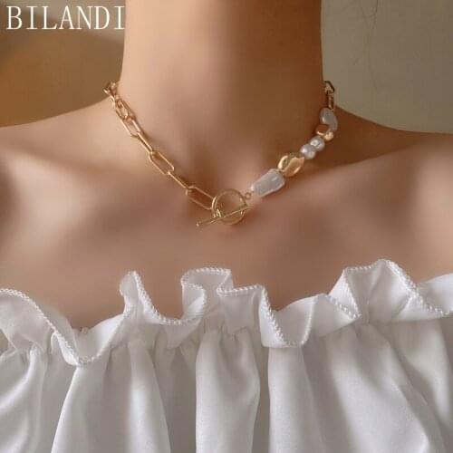 Bilandi Women Jewelry Choker Necklace 2021 New Design Golden Plating Asymmetrical Simulated Pearl Chain Necklace For Party Gifts