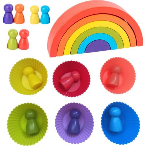 Kids Wooden Rainbow Blocks with 6 Cups Wood Sorting Color Blocks Montesori Toys Educational Toys Creative Montessori Sensory Toy