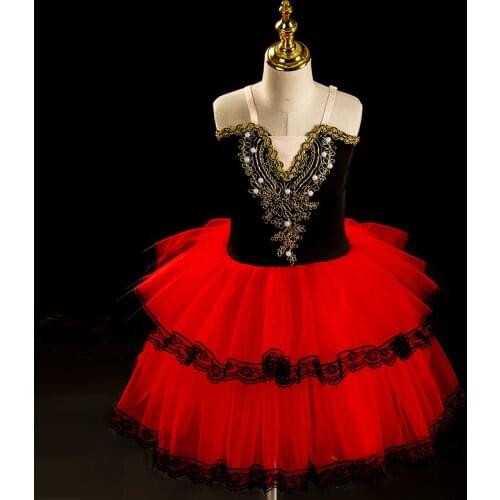 Children Professional Ballet Dress Long Pancake Tutu Kids Toddler Ballet Dress Girls Halloween Costume Ballerina Red Lace Dress