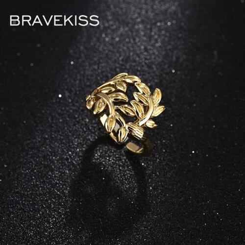 BRAVEKISSNEW Olive Branch Ring for Women Femme Adjustable Wedding Rings Electroplating Process Gold Color Fashion Jewelry UR0609