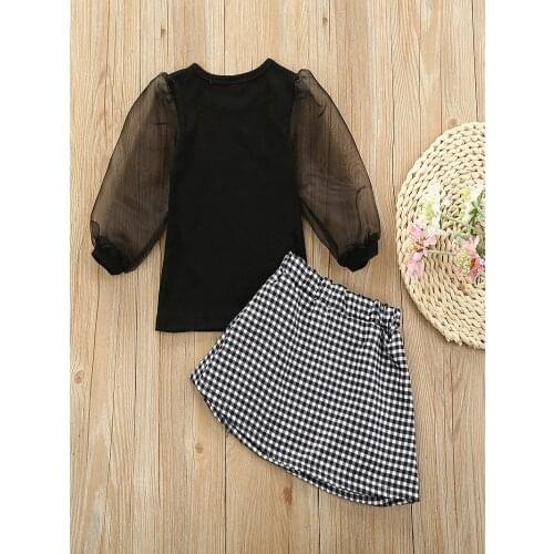 2020 TALLOLY Girls set summer dress black long sleeve mesh suntan top check skirt suit middle and autumn style Korean version