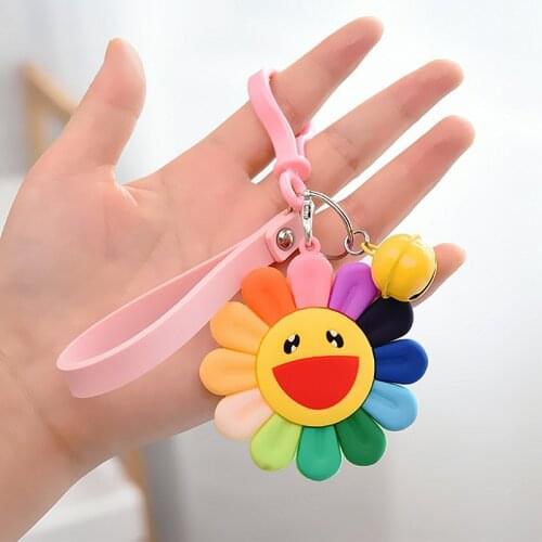 Colorful PVC Smile Sunflower Keychain Women Girl Cute Sunshine Smile Flower Key Chain Bag Pendant Charms Party Gift Llaveros