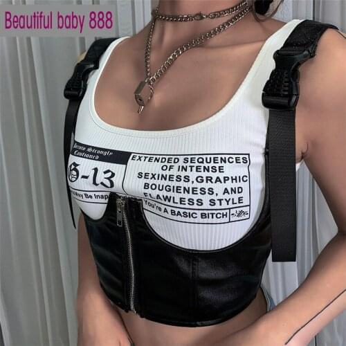 Meqeiss white black basic Punk print crop tops womens tank tops 2021 summer wild casual Leather camisole mujer stretch Slim tees