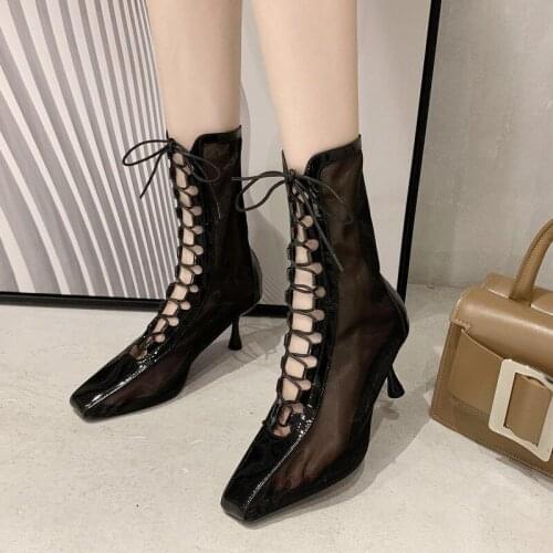 Summer Platform Shoes for Women Leather Boots Women Ankel Boots High Heel Boots Lightweight Gothic Breathable Ladies Black Boots