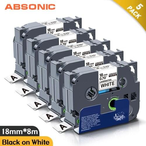 Absonic 5PCS TZe241 18mm Black on White TZe-241TZ-241 TZ241 Printer Ribbon Compatible Brother P-touch TZe 241 Printer Tape Label
