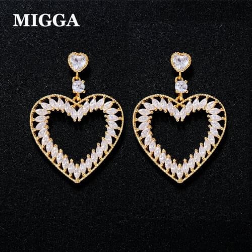 MIGGA High Quality Heart Earrings Gold Color AAA Cubic Zirconia Crystal Statement Earrings for Women Party Gift
