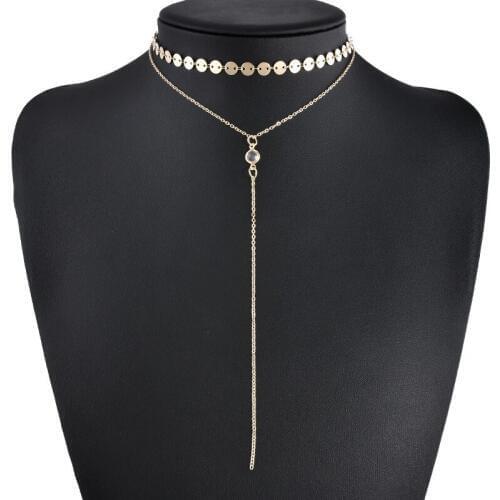 Fashion Jewelry Necklace Dainty Gold-Color/Silver Plated Sequins Choker Crystal Lariat Y Two Layers Choker Necklace for Women