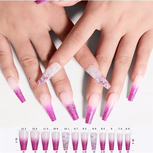 Manicure Kit 24PCS Set Ballerina Nail Jelly Gel Full Cover Acrylic Coffin Long Fake Press On Nails With Designs Butterfly Purple