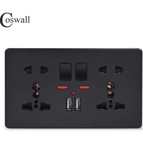 Coswall Wall Power Socket Double Universal 5 Hole Switched Outlet With Neon 2.1A Dual USB Charger Port LED indicator Black Color