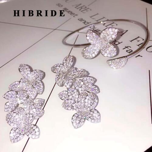 HIBRIDE European Flower Design Micro CZ Pave Open Bangle Women Jewelry Bangle&Bracelets Earring Brincos Bijoux Femme N-642