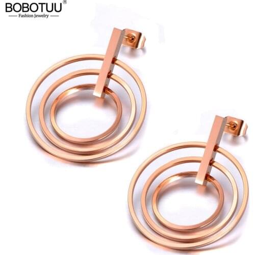 BOBOTUU Fashion Titanium Stainless Steel 3Pcs Circle Geometry Earrings Office Party Earrings Jewelry For Women Girl BE19312