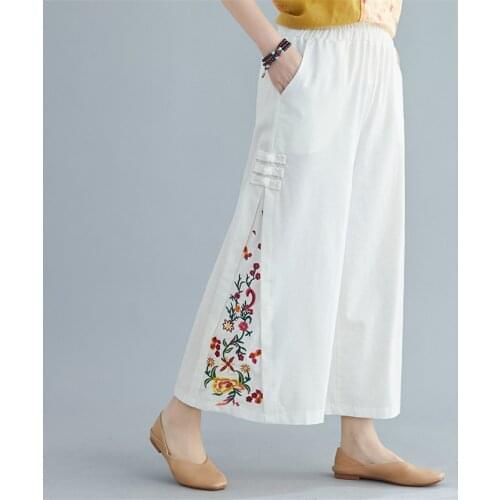 Loose Wide Leg Yoga Pants Women Chinese Traditional Breathable Floral Embroidery White Linen Trousers Hanfu Tai Chi Tea Uniform