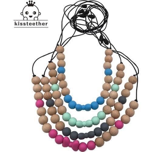Baby Safety Silicone Baby Teether Wooden Beads Teething Chew Toy Infant Teethers Necklace Baby Accessory Gift BPA Free