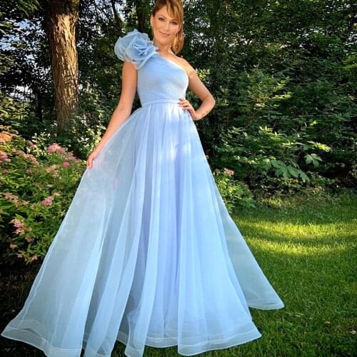 Blue One Shoulder Prom Dresses Hand Made Flowers Pleated Tulle Evening Dresses Sleeveless A-Line Long Formal Gowns
