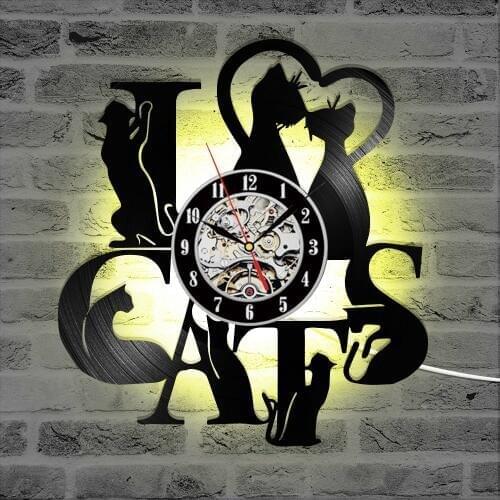 Art Silent Unique Vinyl Clock I Love Cats Record Wall Clock Kitten Decor Clock 3D Hanging CD Vintage LED Vinyl Clocks 7 Cats
