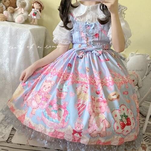 Japanese Sweet Lolita Jsk Dress Cartoon Bear Print Cute Bow Kawaii Princess Mini Dress Girls Kawaii Party Strap Dresses