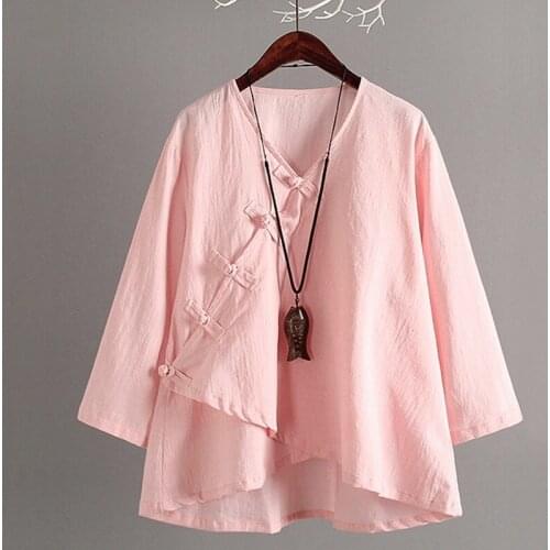 Traditional Chinese Shirt Short Sleeve Mandarin Collar Blouses Female Zen Clothing Solid Cotton Linen Blouse TA1797