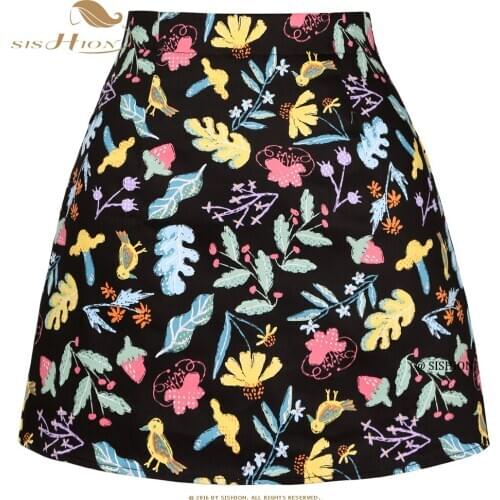 SISHION Korean Style Floral Leaves Print Summer Women Skirts 2021 SS0008 Vintage Black High Waist Mini Length Sexy Short Skirt