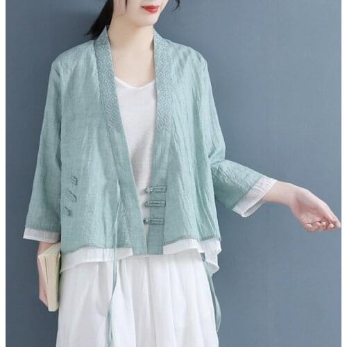 Women Linen Shirt Tops Chinese Style Vintage Retro Shirt Cardigan Coat Fairy Tai Chi Tang Suit Breathable Casual Hanfu 31151